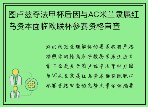 图卢兹夺法甲杯后因与AC米兰隶属红鸟资本面临欧联杯参赛资格审查